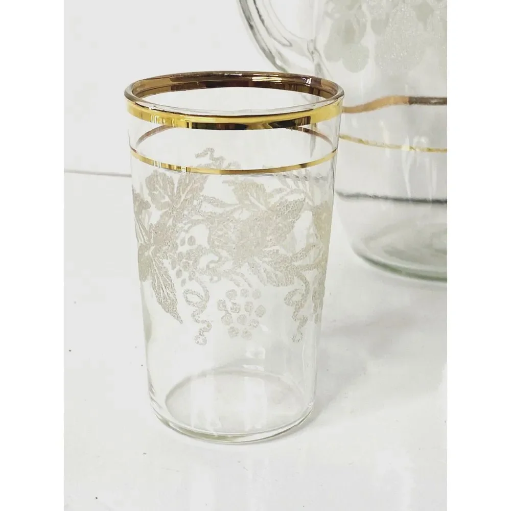 VINTAGE FRUIT EMBOSSED GOLD TRIM JUICE PITCHER AND GLASS SET